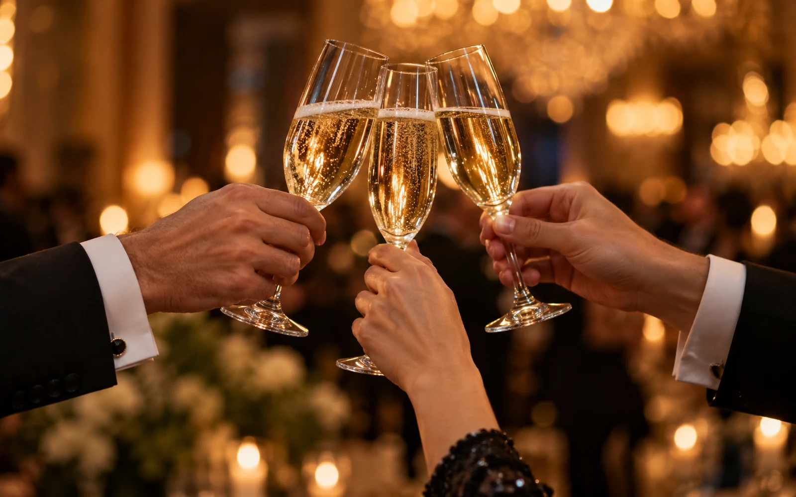Hands raising champagne glasses beneath warm chandelier light