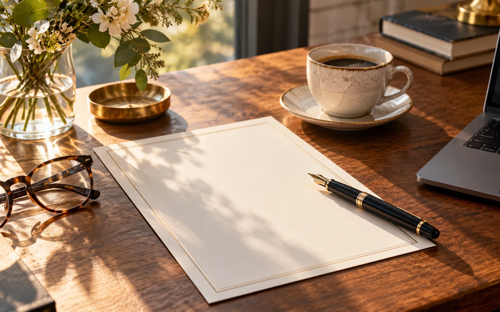 Fountain pen, blank nomination paperwork, glasses and coffee on a desk in warm morning light